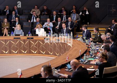 Brussels, Belgium. 4th Apr, 2025. North Atlantic Treaty Organization (NATO) Secretary General Mark Rutte (C) speaks at the NATO foreign ministers meeting at the NATO headquarters in Brussels, Belgium, on April 4, 2025. NATO Secretary General Mark Rutte clarified here on Friday that Ukraine's potential NATO membership will not be included as part of any peace agreement. Credit: Zhao Dingzhe/Xinhua/Alamy Live News Stock Photo