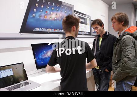 Nov. 12, 2011 - St Petersburg, Russia - MacBook Air stand at the newly opened iPort store. an Apple Premium Reseller iPort store opened in St. Petersburg, Russia. Apple iPort store are 'monobranded' stores, resellers who offer shoppers a premium shopping experience. (Credit Image: © PhotoXpress/ZUMAPRESS.com) Stock Photo