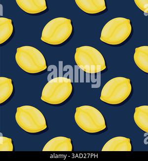 Pattern with fresh lemons on dark blue background. Creative concept Stock Vector