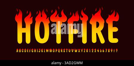 Fiery Hot Font with Burning Flame Effects and Bold Gradient Letters, Flaming Alphabet for Rock Posters, Halloween, Fire-Themed Events, and Extreme Stock Vector
