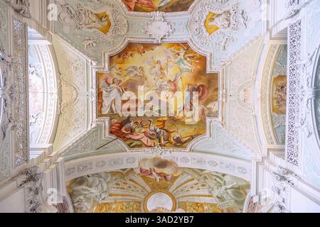Germany, Bavaria, Michelfeld Monastery, Monastery Church of St. John the Evangelist, Interior, Ceiling fresco Resurrection of Jesus by Cosmas Damian Asam Stock Photo