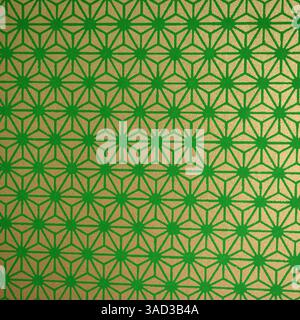 Traditional Japanese patterns with geometeric floral patterns (gold floral patterns on the vivid green background) Stock Photo
