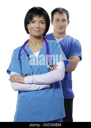 Couple young man and woman medical workers isolated Stock Photo
