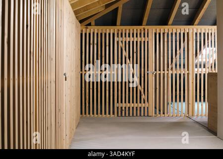 Attic storage in 4-story building. Multiple storage units with wood wall separation. Dry and safe storage compartment under pitched roof. Selective fo Stock Photo