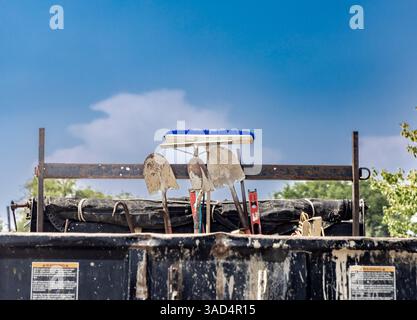 detail image of a work truck and tools in the back Stock Photo