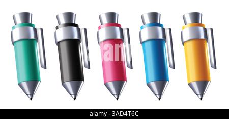 Pen colorful elements clipart set. Ball pen 3d object clip art collection for school and office metallic silver writing educational material vector Stock Vector