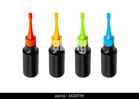 Four black plastic bottles with colorful caps and nozzles, arranged in a row, isolated on a white background, designed for liquid dispensing, ideal fo Stock Photo