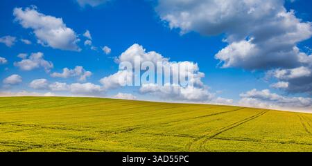 Stunning panoramic agriculture landscape with sunny cloudy sky over countryside fields and distant horizon idyllic autumn rural nature background Stock Photo