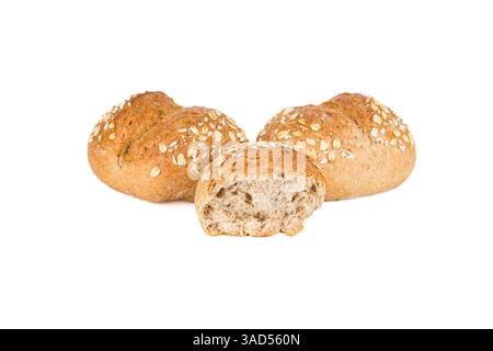 Crispy bread rolls with oat isolated on white background. Fresh crispy bread rolls. Three bread rolls on white. Stock Photo