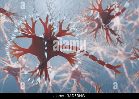 Neuron cells in human brain with glowing signals. 3D rendered illustration. Stock Photo