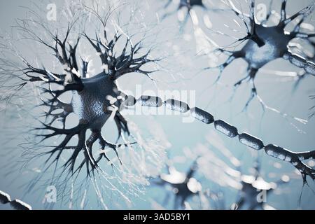 Neurons in human brain with synapses. Neurology concept. 3D rendered illustration. Stock Photo