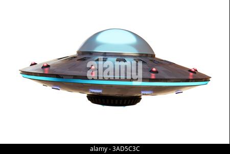 UFO alien spaceship isolated on white background. 3D rendered illustration. Stock Photo