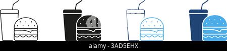 Burger and Drink Line and Silhouette Icon Set. Fast Food Meal with Soda and Cheeseburger for Takeaway or Quick Service Restaurant. Junk Food Icon Stock Vector