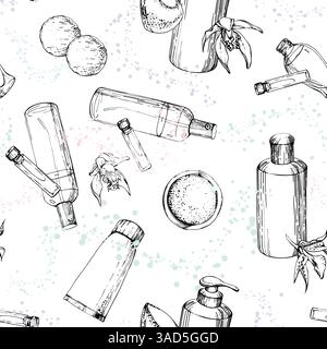 Spray mist bottle perfume cologne samplers, cream tube, bath gel shampoo, exotic orchid flowers. Vector hand drawn ink sketch, isolated seamless Stock Vector