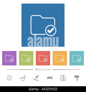Checked Folder flat white icons in square backgrounds. 6 bonus icons included. Stock Vector