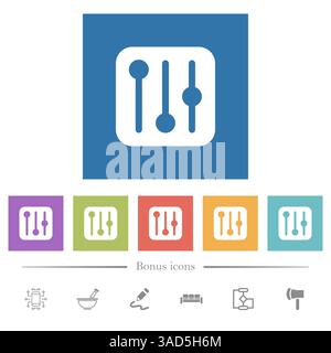 Settings Sliders flat white icons in square backgrounds. 6 bonus icons included. Stock Vector