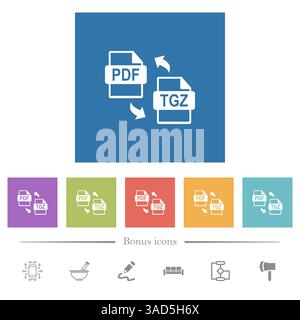 Convert PDF to TGZ flat white icons in square backgrounds. 6 bonus icons included. Stock Vector