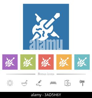 Double bass and bow solid flat white icons in square backgrounds. 6 bonus icons included. Stock Vector