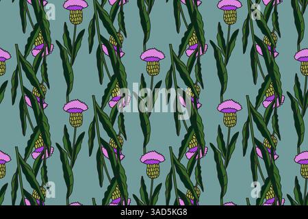 Botanical floral seamless pattern with cornflowers vector illustration. Repeating pink flowers with green leaves in blue background. Graphic design fo Stock Vector
