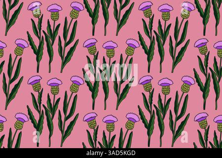 Botanical floral seamless pattern with cornflowers vector illustration. Repeating flowers with green leaves in pink background. Graphic design for Fas Stock Vector