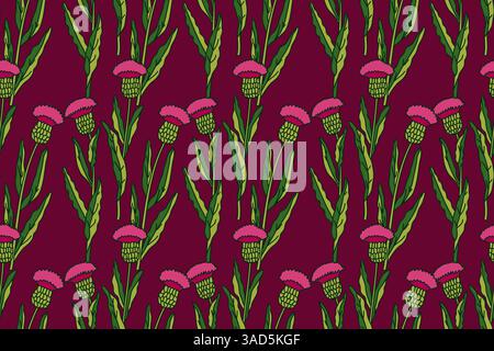 Botanical floral seamless pattern with cornflowers bouquet vector illustration. Repeating pink flowers with green leaves in burgundy background. Graph Stock Vector