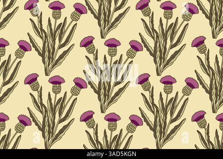 Botanical floral seamless pattern with cornflowers bouquet vector illustration. Repeating pink flowers with brown leaves in beige background. Graphic Stock Vector