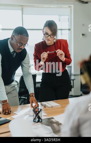 Multiracial business team brainstorming and analyzing project documents Stock Photo