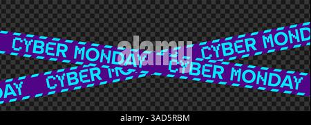 Cyber Monday Sale Tape with Bright Neon Text and Pixel Style on Purple Background. Perfect for E-commerce Promotions, Tech Deals, Packaging, and Stock Vector