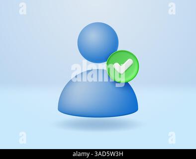 Blue user profile icon with green check mark representing verified accounts or approved profiles. Vector 3d illustration. Stock Vector