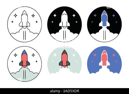 A collection of six stylized rocket illustrations in various color schemes. Each rocket is depicted launching with clouds and stars in the background, Stock Vector