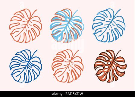 Illustration of five potted Monstera plants in different colors on a beige background. Stock Vector