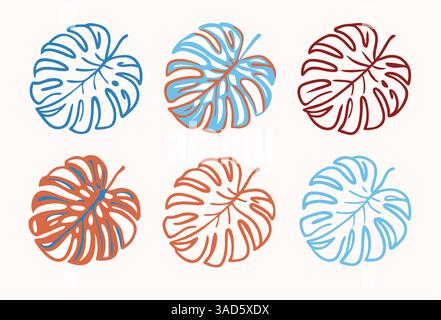 Illustration of five potted Monstera plants in different colors on a beige background. Stock Vector