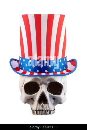 Human skull with extra tall American hat isolated on white background Stock Photo