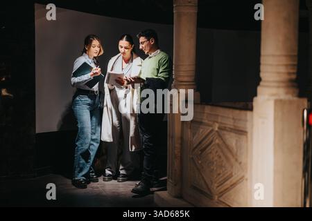 Group of colleagues discussing and collaborating on work project in historical museum setting Stock Photo