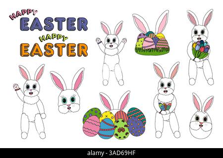 A festive Easter set featuring adorable anthropomorphic, characters white Easter bunnies, stack ornate eggs, spring flowers tulips, and - Happy Easter Stock Vector