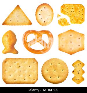 Set of various cracker biscuits isolated on white background, cookie cutouts collection Stock Photo
