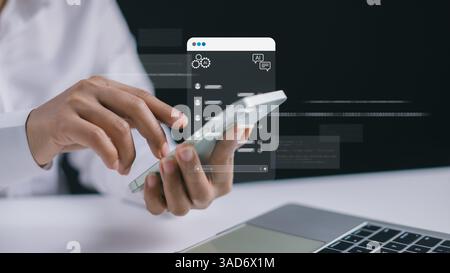Businessman using the AI chat system to find answers to questions, Intelligence artificial futuristic and technology development, Software for chat wi Stock Photo