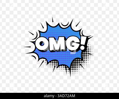 Comic Style OMG Text in Blue Burst with Halftone Dots and Bold Outline, Ideal for Reactions, Social Media Posts, Pop Art Designs, and Funny Graphics Stock Vector