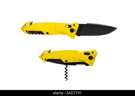 A yellow folding knife featuring a black blade, corkscrew, and multifunctional tools, isolated on a white background, ideal for camping, survival, out Stock Photo