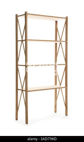 Empty wooden shelving unit isolated on white Stock Photo