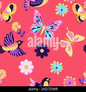 Seamless pattern groovy elements, butterfly, bird and flower, bright print vector flat Stock Vector