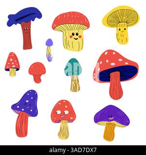 Set of groovy mushrooms isolated, doodle vector flat illustration Stock Vector