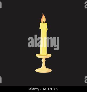 Burning candle in candlestick, fire, flat vector simple illustration Stock Vector