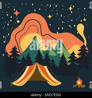Groovy style illustration camping in the mountain in the night, bright colored illustration flat vector Stock Vector