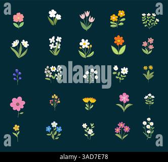 Set of spring flowers, botany blooming, vector flat design, design elements Stock Vector