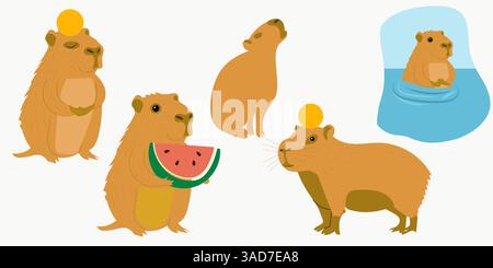 Adorable vector illustration of capybaras in a relaxing hot spring. capybara has closed eyes with an orange resting on its head, enjoying the warmth. Stock Vector