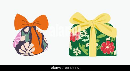 Furoshiki wrapping set, japanese traditional, flat vector isolated, wrapping cloth Stock Vector