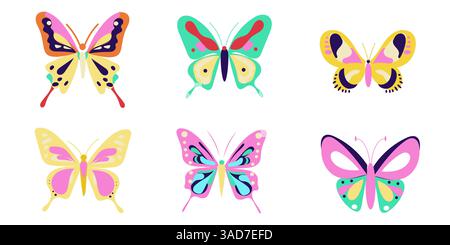 Trendy groovy butterfly set isolated, bright color, for stickers, element design Stock Vector
