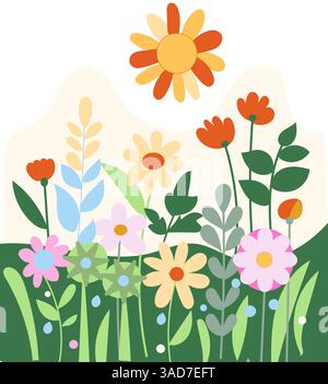 Groovy flowers illustration , naive vector flat design, bright color Stock Vector