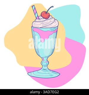 Retro style, groovy food illustration, glass with beverage, coctail, ice cream vector flat Stock Vector